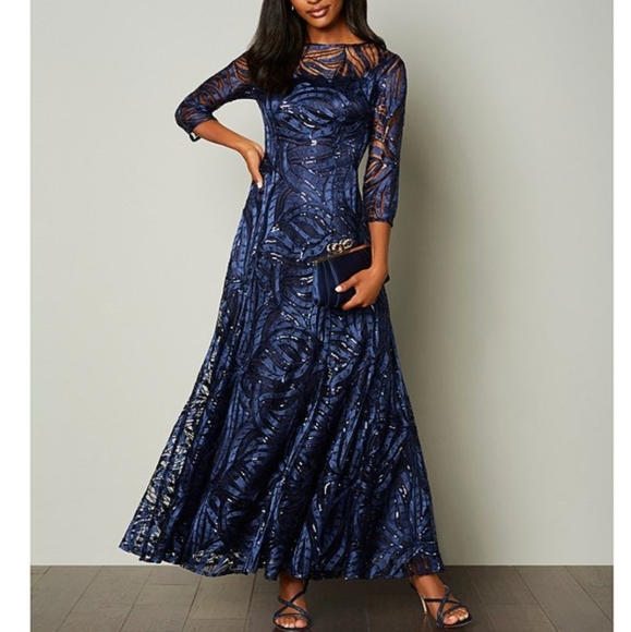 Tahari Boat Neck 3/4 Sleeve Embroidered A-Line Gown - Picture 1 of 5